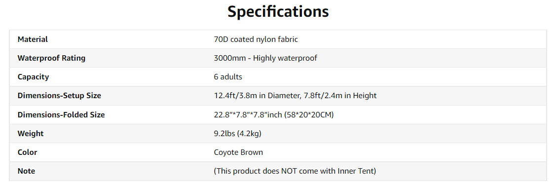 Specifications of OneTigris Rock Fortress Hot Tent